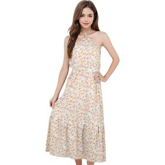 Women's Halter Neck Floral Print Tiered Midi Dress with Elastic Waist for Everyday Looks