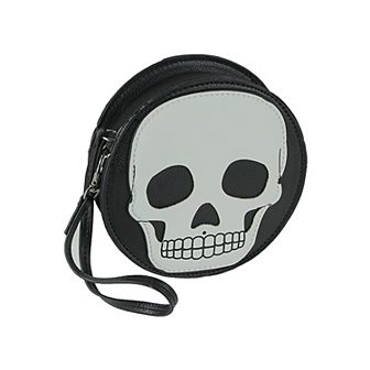 Textured Black Vinyl Skull Design Round Wristlet Purse With Removable Strap