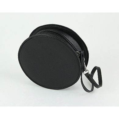 Textured Black Vinyl Skull Design Round Wristlet Purse With Removable Strap