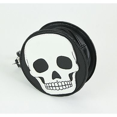 Textured Black Vinyl Skull Design Round Wristlet Purse With Removable Strap