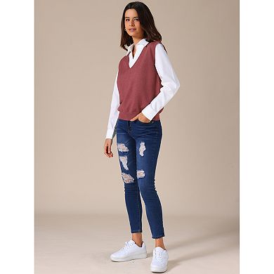 Women's Sweater Vest V Neck Sleeveless Uniform Classic Knitted Pullover Tops