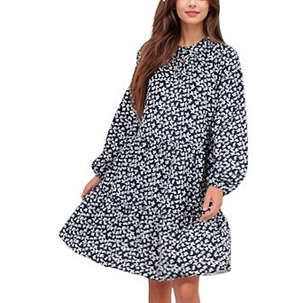 Women's Floral Print Dress with Ruffle Hem and Keyhole Neckline