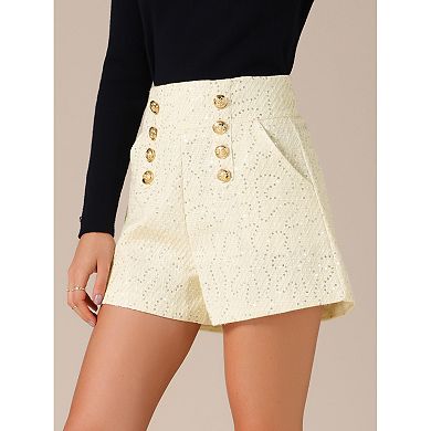 Women's Sequined Tweed Shorts Button Front High Waist Wide Legs Elegant Pants