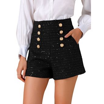 Women's Sequined Tweed Shorts Button Front High Waist Wide Legs Elegant Pants