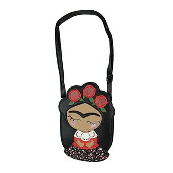 Adorable Black Vinyl Frida Kahlo With Flower Crown Crossbody Bag