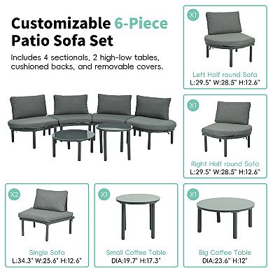 Merax 6-Piece Patio Sofa Furniture Set, Half Moon Outdoor Sectional Sofa with 2 Coffee Tables
