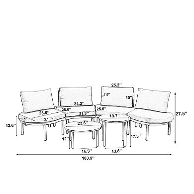 Merax 6-Piece Patio Sofa Furniture Set, Half Moon Outdoor Sectional Sofa with 2 Coffee Tables