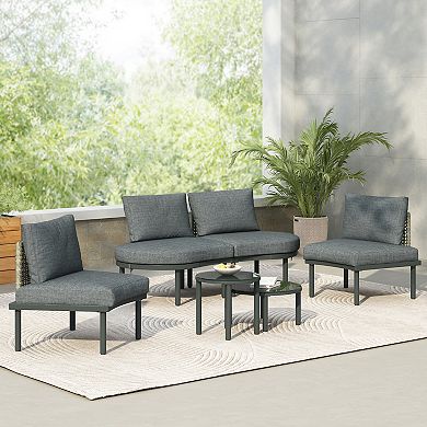 Merax 6-Piece Patio Sofa Furniture Set, Half Moon Outdoor Sectional Sofa with 2 Coffee Tables