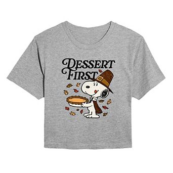 Juniors' Peanuts Snoopy Thanksgiving Dessert Time Cropped Tee