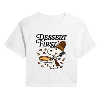 Juniors' Peanuts Snoopy Thanksgiving Dessert Time Cropped Tee