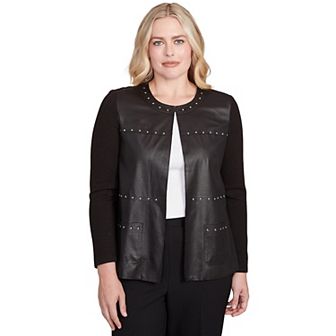 Petite Alfred Dunner Sweater Trim Faux Leather Jacket