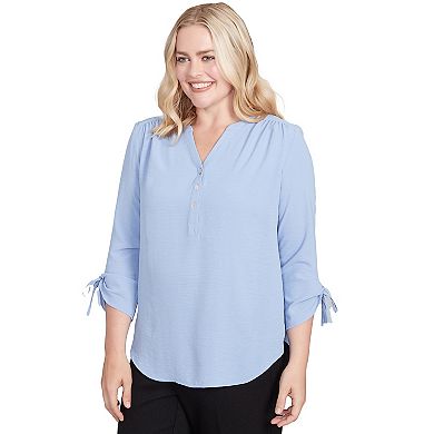 Petite Alfred Dunner Tie Sleeve Crinkle Textured Henley Top