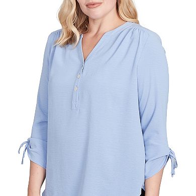 Petite Alfred Dunner Tie Sleeve Crinkle Textured Henley Top