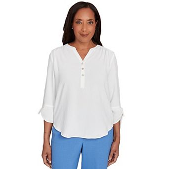 Petite Alfred Dunner Tie Sleeve Crinkle Textured Henley Top