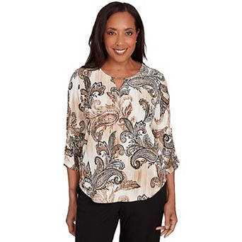 Petite Alfred Dunner Textured Paisley Ruched Sleeves Top