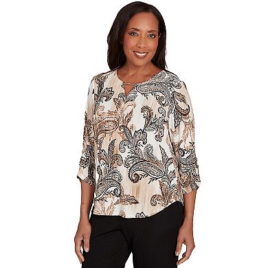 Petite Alfred Dunner Textured Paisley Ruched Sleeves Top