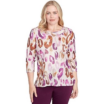 Petite Alfred Dunner Dramatic Animal Three-Quarter Sleeve Top