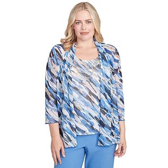 Petite Alfred Dunner Textured Mesh Printed Two-in-One Top with Necklace