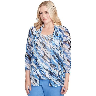 Petite Alfred Dunner Textured Mesh Printed Two-in-One Top with Necklace