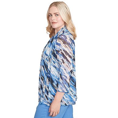 Petite Alfred Dunner Textured Mesh Printed Two-in-One Top with Necklace