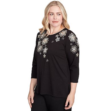 Petite Alfred Dunner Floral Embroidered Three-Quarter Sleeve Top