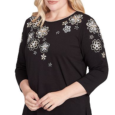 Petite Alfred Dunner Floral Embroidered Three-Quarter Sleeve Top