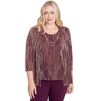 Petite Alfred Dunner Glitter Leaf Two-in-One Top with Necklace