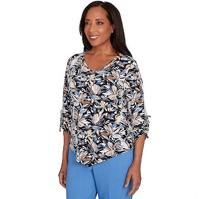 Petite Alfred Dunner Tie Sleeve Brushstroke Floral Knit Top