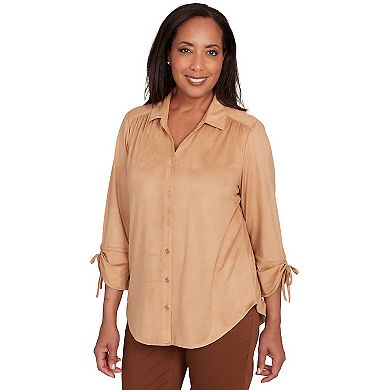 Petite Alfred Dunner Button Front Faux Suede Top