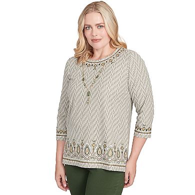 Petite Alfred Dunner Textured Medallion Bordered Top with Necklace