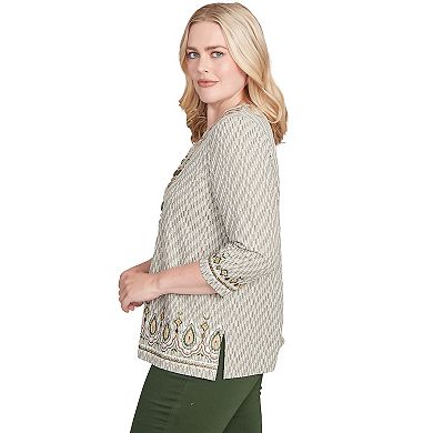Petite Alfred Dunner Textured Medallion Bordered Top with Necklace