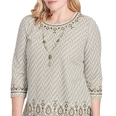 Petite Alfred Dunner Textured Medallion Bordered Top with Necklace