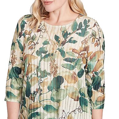 Petite Alfred Dunner Abstract Leaf Sharkbite Hem Top with Necklace