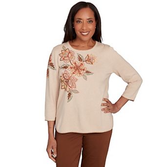 Petite Alfred Dunner Asymmetrical Embroidered Flower Sweater