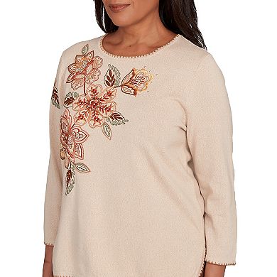 Petite Alfred Dunner Asymmetrical Embroidered Flower Sweater