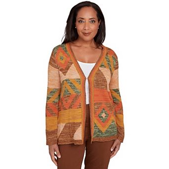 Petite Alfred Dunner Patchwork Long Sleeve Cardigan Sweater