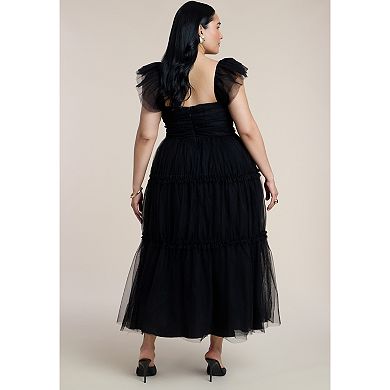 ELOQUII Women's Plus Size Flutter-Sleeve Tulle Midi Dress