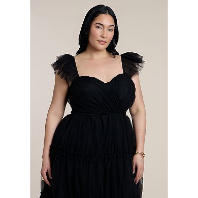 ELOQUII Women's Plus Size Flutter-Sleeve Tulle Midi Dress