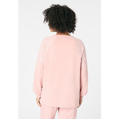 Roaman's Women's Plus Size Comfort+ Fleece Lace Shoulder Sweatshirt