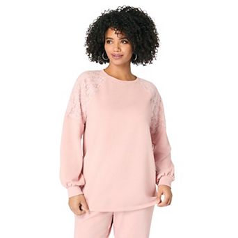 Roaman's Women's Plus Size Comfort+ Fleece Lace Shoulder Sweatshirt