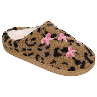 Capelli Faux Leopard Printed Girls Sherpa Slippers With Embroidery & Applique Bow Trim