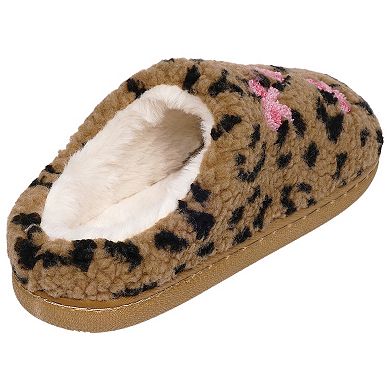 Capelli Faux Leopard Printed Girls Sherpa Slippers With Embroidery & Applique Bow Trim
