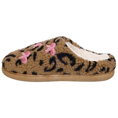 Capelli Faux Leopard Printed Girls Sherpa Slippers With Embroidery & Applique Bow Trim