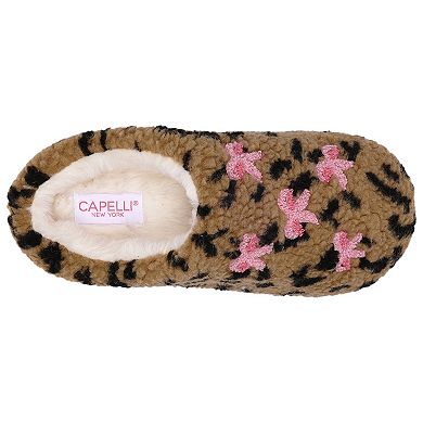 Capelli Faux Leopard Printed Girls Sherpa Slippers With Embroidery & Applique Bow Trim