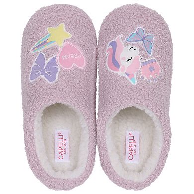 Capelli Faux Berber Girls Slip-On Slippers With Multi Layered Dreamy Unicorn Patches
