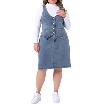 Women's Plus Size 2 pc Denim Set, Vintage Button Up Vest and 4-Pocket Elastic Waist Jeans Skirt