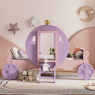 Merax Twin size Princess Carriage Bed with Crown ,Wood Platform Car Bed with Stair