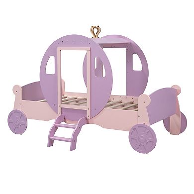 Merax Twin size Princess Carriage Bed with Crown ,Wood Platform Car Bed with Stair