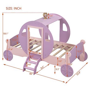 Merax Twin size Princess Carriage Bed with Crown ,Wood Platform Car Bed with Stair