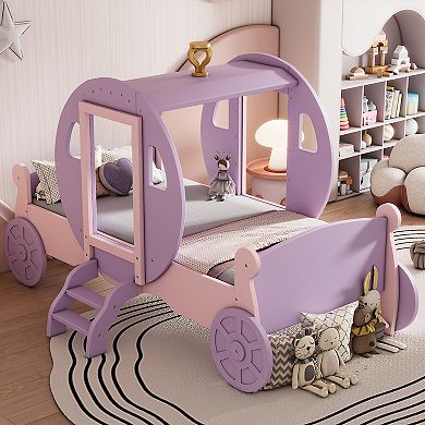 Merax Twin size Princess Carriage Bed with Crown ,Wood Platform Car Bed with Stair